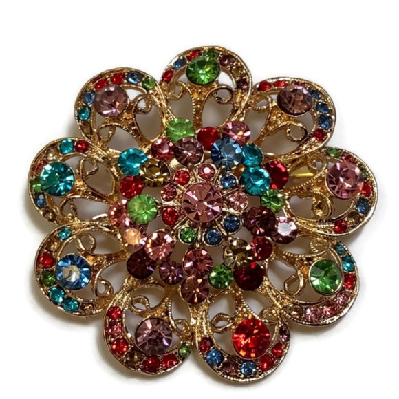 Jewelry - Large Gold Toned Multi Color Floral Brooch